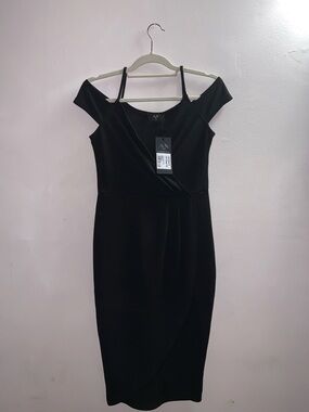AX Paris Black Cold Shoulder Wrap Around Front Draped Midi Dress (NWT) - Size 6